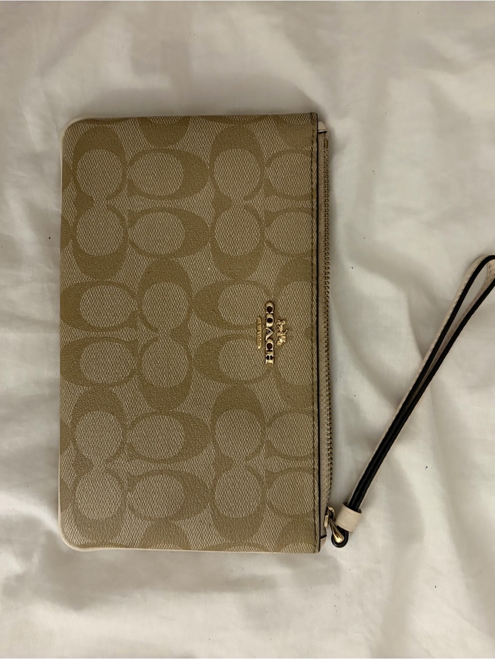 Coach Tan Signature Zip Wristlet with Gold Logo